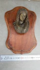 Antique Bronze Sculpture Bust of Virgin Mary on Wooden Wall Patch
