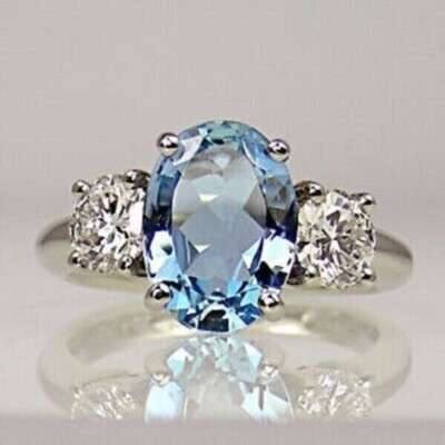 Women's Stunning Wedding Ring Oval Simulated Aquamarine In 14K White Gold Plated
