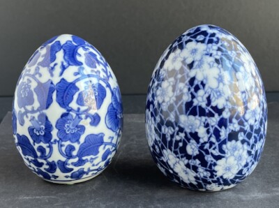 Vintage Asian Blue & White Two Large Eggs  4.25  Collectable Home Decor