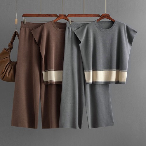 Womens 2pcs Sets Knitted Knitwear Round Neck Top Wide Leg Pants Loose Fashion Sz