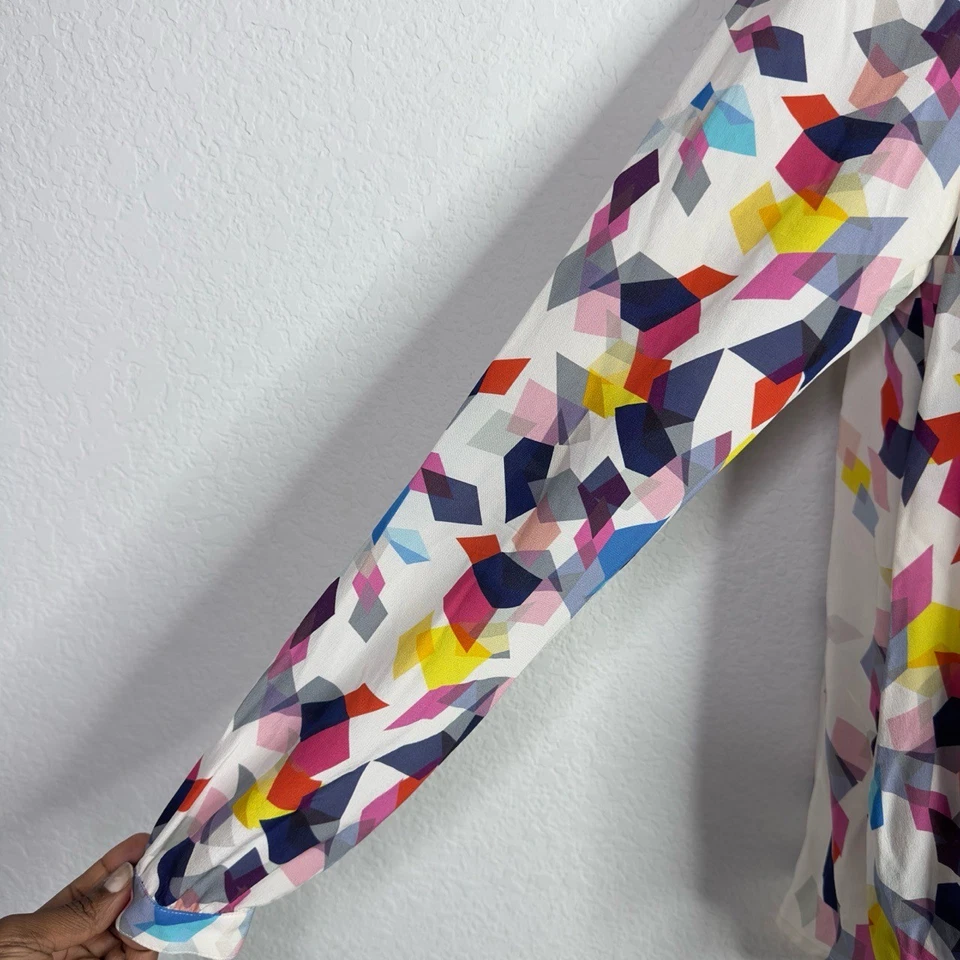 Camisa Trina Turk Mujer L Colorida Seda Geométrica Artística Drapeada Carrera Lujo Foto 3 de 4