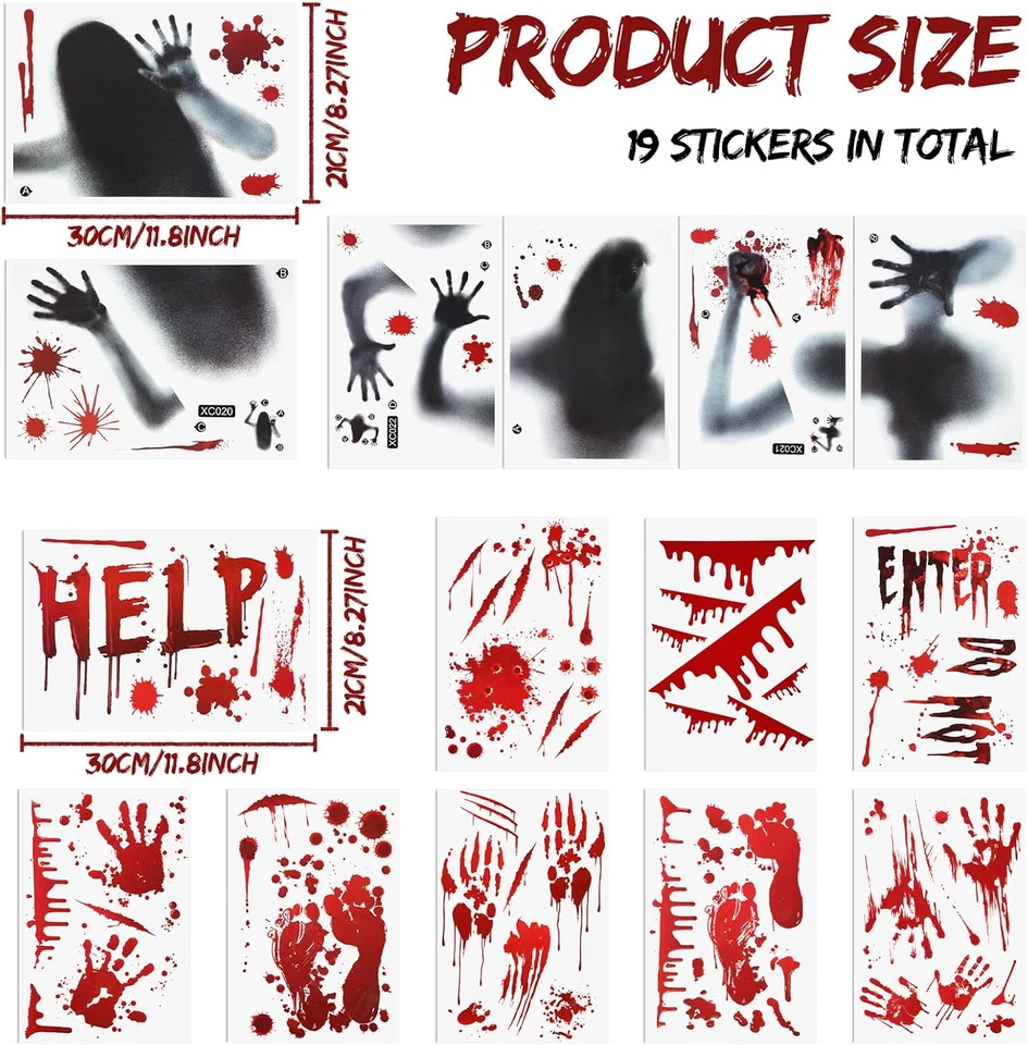 19 hojas de calcomanías de terror de Halloween con estampado de manos sangrientas para ventanas  Foto 2 de 4