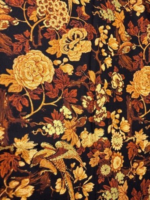 Vintage-Style Floral Bird Cotton Fabric 12'' x 42'' Rich Black Gold Pattern Design