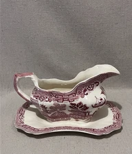 Vintage Allerton's England Red Willow Gravy Boat with Attached Tray Transferware