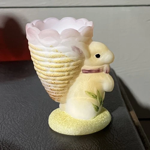 FENTON ART GLASS 3-1/4” BUNNY RABBIT SATIN GLASS EGG CUP -HP-SIGNED-EASTER