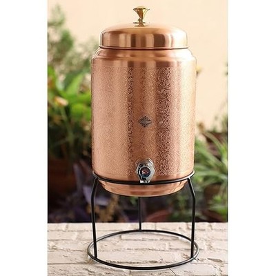 Antique Pure Copper water Dispenser 5 litres Embossed Pot container stand