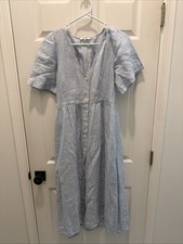Madewell Cassie Linen Powder Blue Stripe Button-Front Midi Dress Pocket Sz.S
