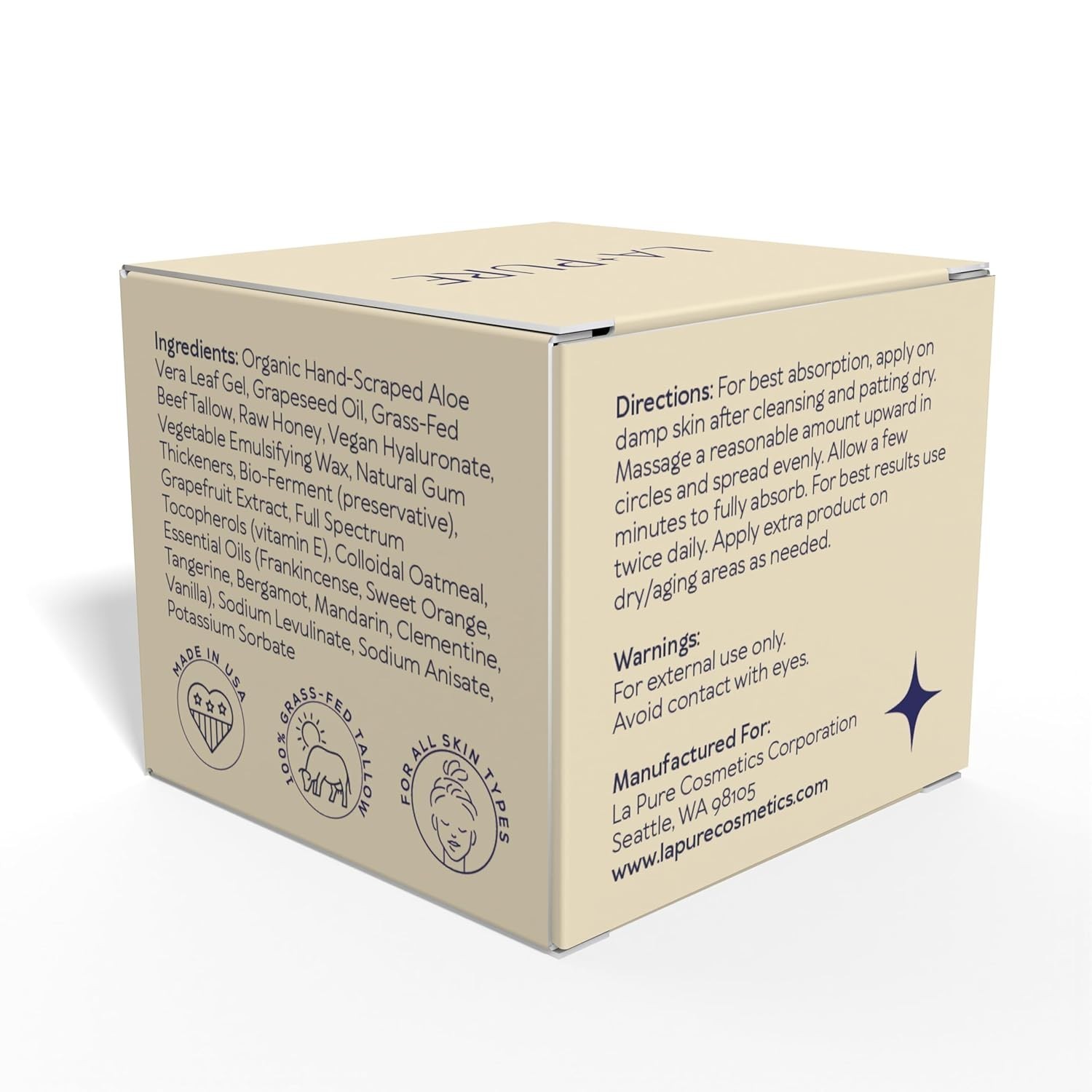 LA Pure Beef Tallow Face Cream Moisturizer Grass-Fed Hyaluronic Acid Aloe Vera