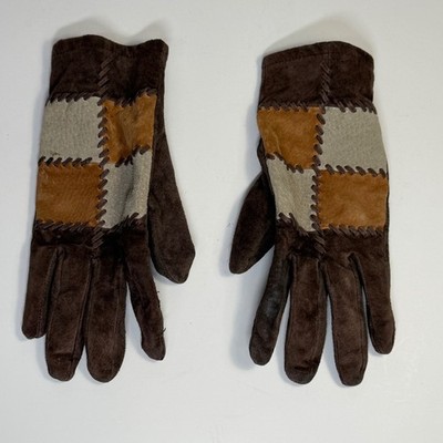 Vintage Faux Suede Gloves Orvis Womens One Size Patchwork Brown Boho Western