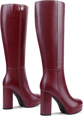 Platform Knee High Boots for Women with Chunky Heel Round Toe Side