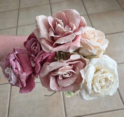 6 Gorgeous Vintage Wire Stem Artificial Frosted Roses Tall Wedding Home Decor