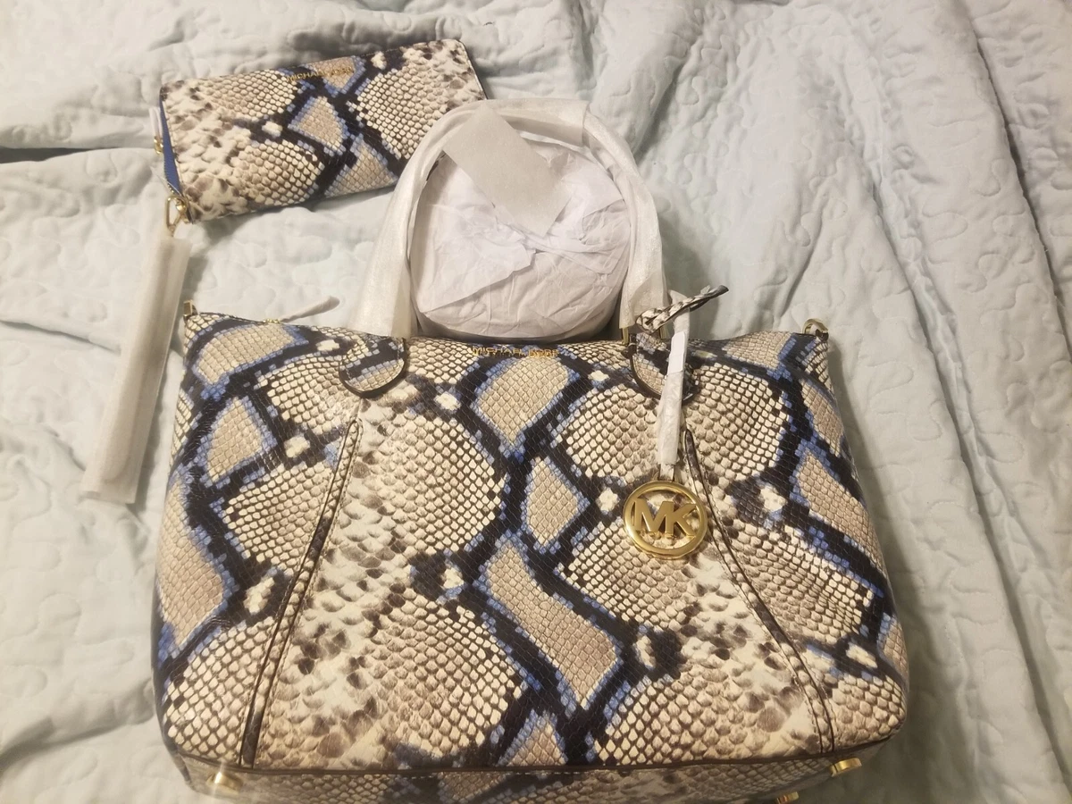 NWT Michael Kors MK Large Lenox Python Leather Embossed Satchel Electric Blue