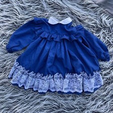 Vintage Baby Jill Lynn dress Blue with ruffles Collar Made in USA. White Lace 2T