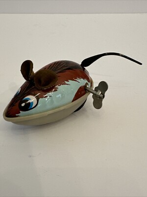 Vintage Windup Mouse Wagging Tail Tin Plastic Key Wind Fabric Ears