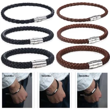 4/6/8mm Brown Black Braided Cord Rope Man-made Leather Bracelet Magnetic Clasp