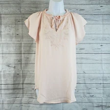 Ann Taylor LOFT Womens Blouse Sz XS Pink Embroidered Tie Neck Short Sleeve