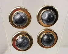 4 Vintage Gold Metal and Striped Gray Stone Button Covers