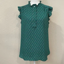 ~ Loft Med Sleeveless Blouse Flutter Floral Pattern Green Button Flowy Lightwt