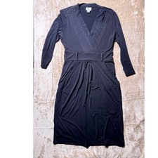 90s Worthington Black Faux Wrap Dress 3/4 Sleeve Pleated V-Neck Pockets Small