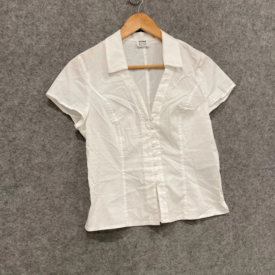 Top de algodón para mujer talla 8 blanco manga corta cuello en V botón 28333 Foto 2 de 4