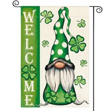 Welcome St Patricks Day Garden Flag 12x18 Inch Double Sided, Leprechaun Gnome