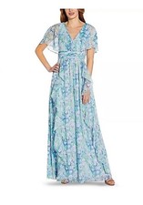 ADRIANNA PAPELLBlue Multi Chiffon Capelet Gown Size 20Flutter Sleeve Floral Maxi