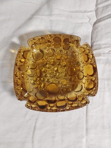 VTG Blenko Amber Pebble Glass Square Cigarette Cigar Ashtray Orange Bubble MCM