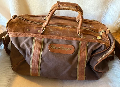 Vintage MacGregor Brown Leather and Canvas Weekender Duffle Travel Bag Korea