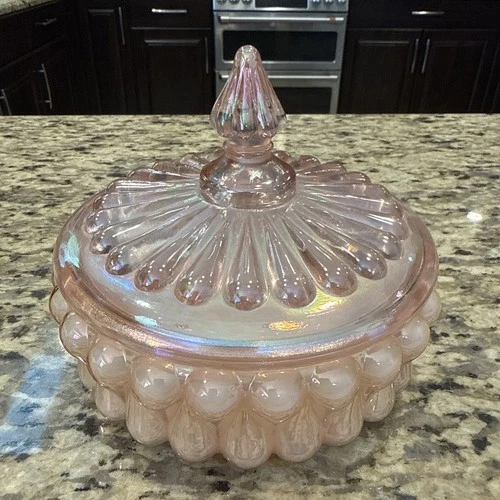 Fenton Art Glass Pink Candy Dish Iridescent Jar Museum Powder inside finish