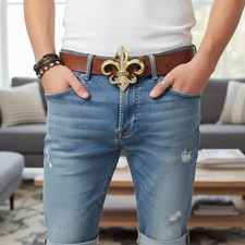 NEW Men Gold Metal Belt Buckle Western Fashion Fleur De Lis Flower French Symbol