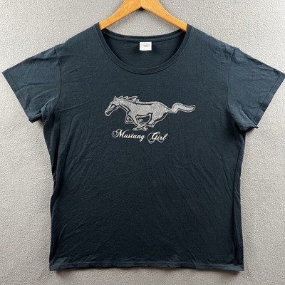 Ford Mustang Shirt Womens 2XL Navy Blue Mustang Girl Beaded Graphic Tee Y2K VTG