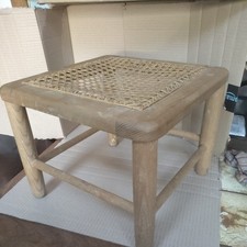 Small Vintage Wooden Footstool Rattan Wicker Plant Stand 