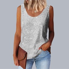 Women Glitter Sequins Tank Top Party Blouse Sleeveless Tee Shirts Vest Size 6-18