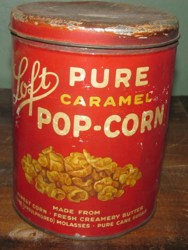 Vintage Loft Pure Caramel Popcorn Container Tin Litho Very Rare 6.5" Tall 5" Dia