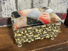 Vintage Folk Art Handmade Wood Thread Spool Sewing Footstool Storage Patch Work