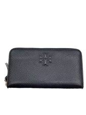 TORY BURCH Embossed Leather Round Zip Long Wallet, Leather, Black, Plain, Men's,