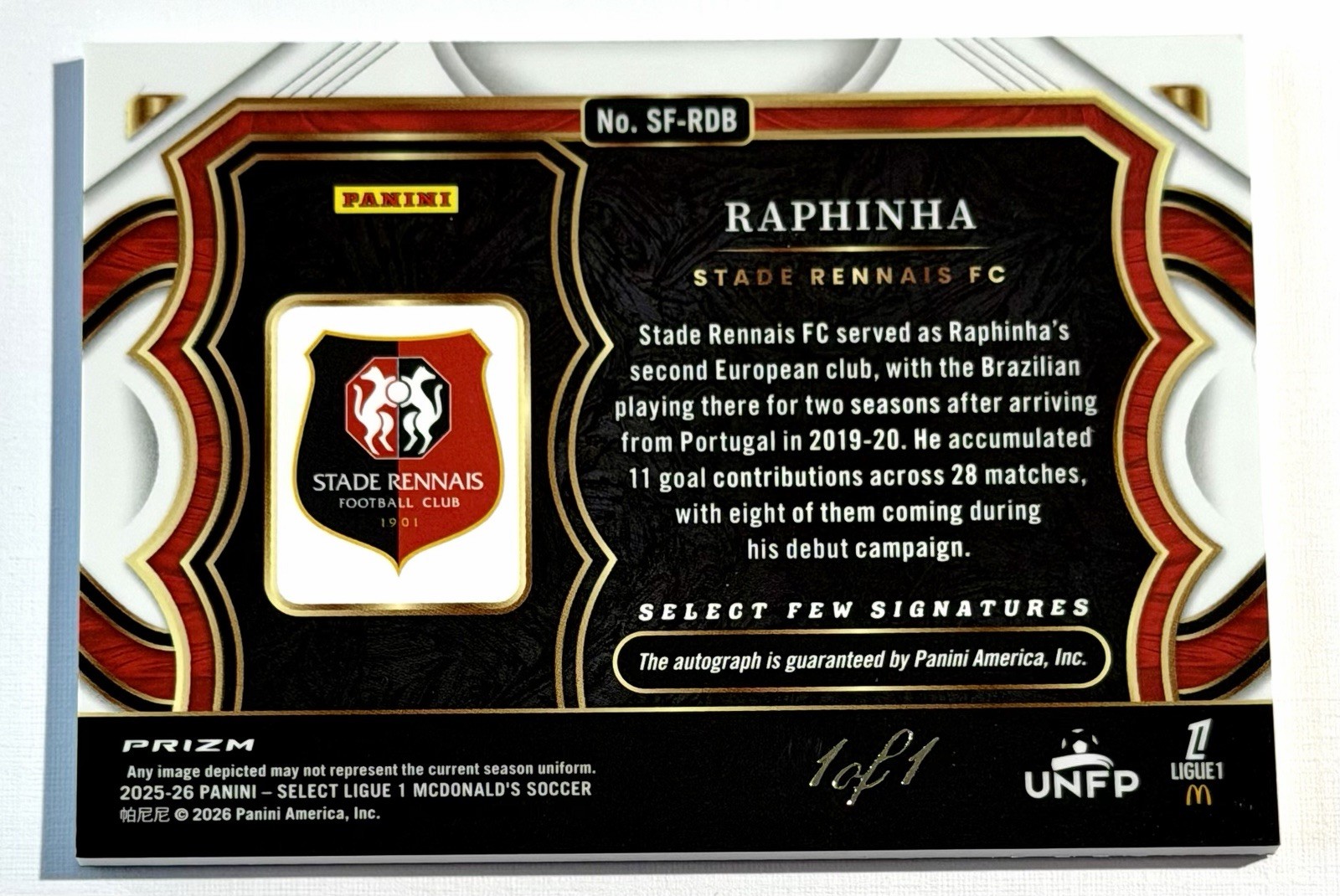 2025-26 Panini Select Few Auto 🔥Black 1 of 1🔥 Raphinha 🇧🇷 Stade Rennais view 5