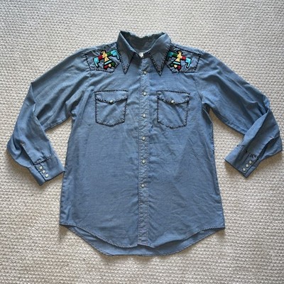 Vtg 60s 70s JC Penney Big Mac Native Aztec Tiger Shirt Sz L USA Western Chambray