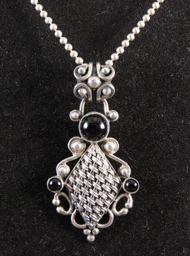 STERLING SILVER 24"Ball-Bead Chain Necklace BASKETWEAVE ONYX PENDANT Unisex Mens - 第 1/6 張圖片