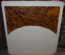Large Pair Vitrolite Glass Panels Etched Painted Cherry & Dogwood Tree Art Deco
