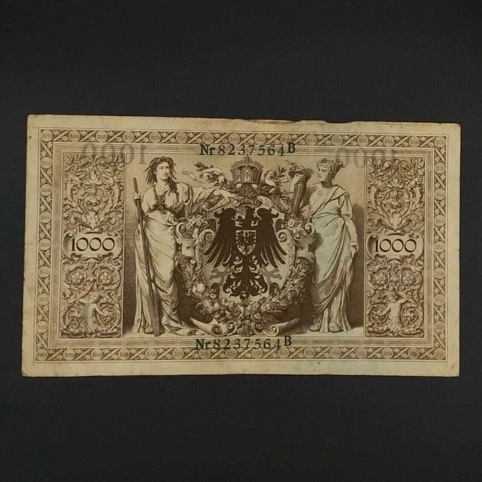 German World War Period 1910 1000 Mark green seal Reichsbanknote fine - Image 2 of 2