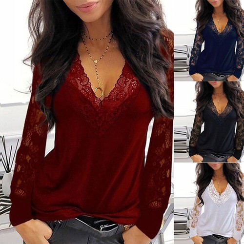 Sexy Lace Long Sleeve Tunic Ladies Causal Loose V Neck T-shirt Blouse eBay