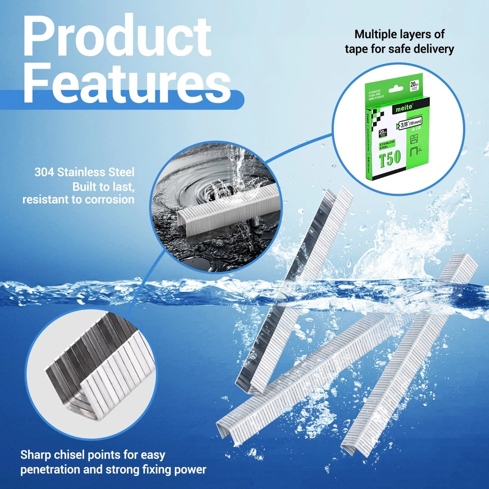 Grapas para tapicería corona de acero inoxidable 304 calibre 20 3/8 pulgadas 1.512-45.360 piezas Foto 2 de 4