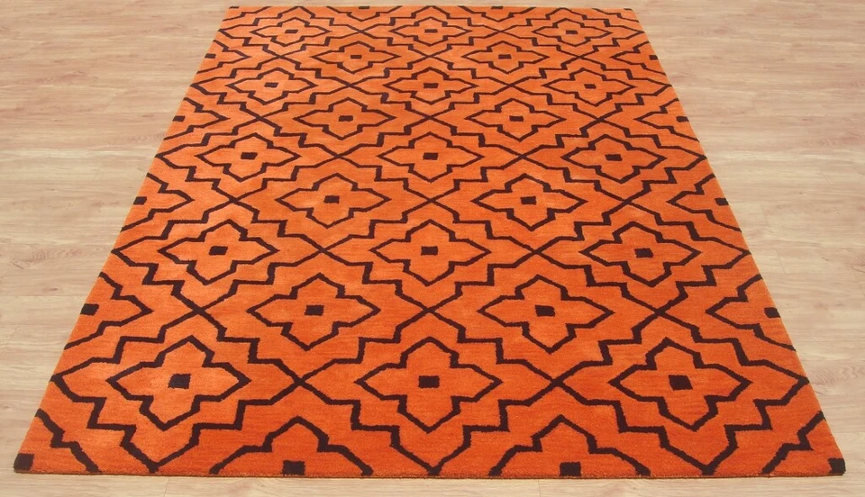 Stark Lilly Tile Modern Orange Black Hand-Tufted 100% Wool Soft Area Rug Carpet - Image 3 of 4