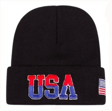 USA/FLAG High Relief Double Embroidered Soft Beanie Cap - Black - Unisex Adult