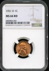NGC - Wheat Cent - 1c - 1951 D - MS-66-RD