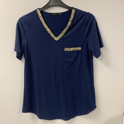 Shein Navy Blue T Shirt With Gold Glitter Collar Pocket Sequin Size
