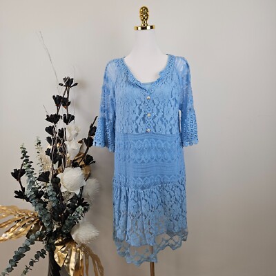 Italy Kleid Tunika Ibiza Hängerchen mit Häkel Spitze Größe 38 40 42 Blau