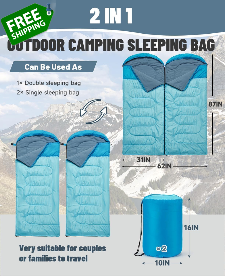 Double Sleeping Bags for Adults 2 Person, XL Queen Size Combinable Two