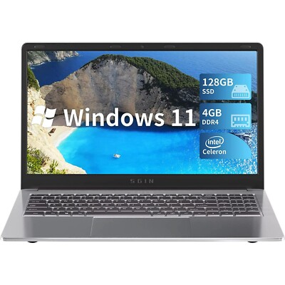 SGIN 15.6inch Laptop 4GB DDR4 128GB SSD Windows 11 with 4 Core Intel Celeron